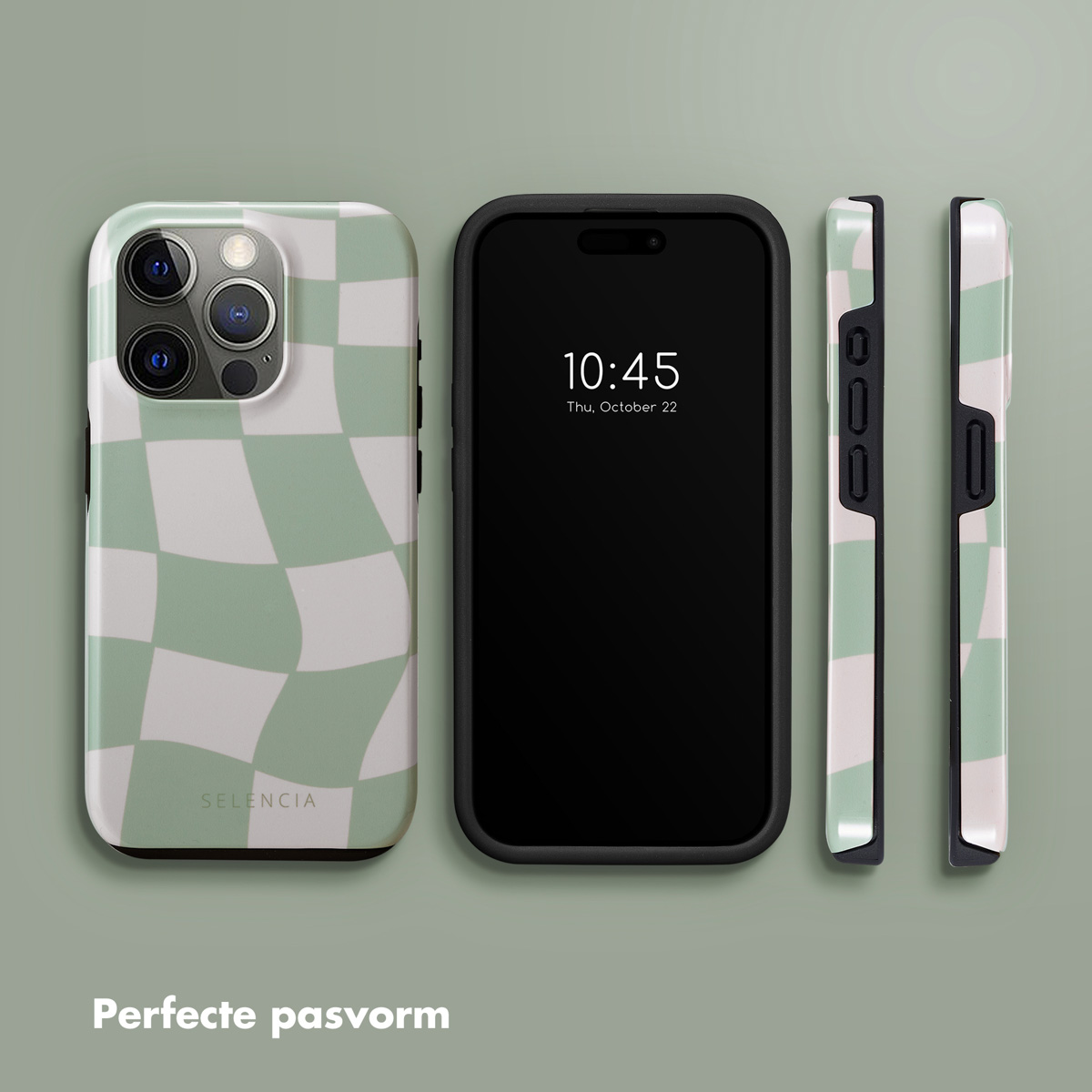 Téléphone dans une coque à carreaux vert sauge et blanc. Le téléphone est noir, l'heure est affichée.