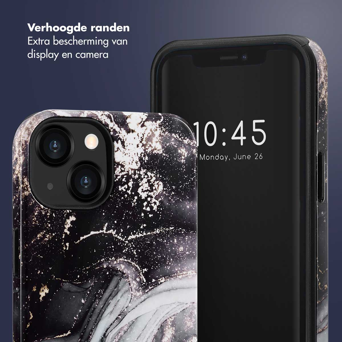 Coque noire avec design marbré, téléphone et heure affichée: 10:45, lundi 26 juin.