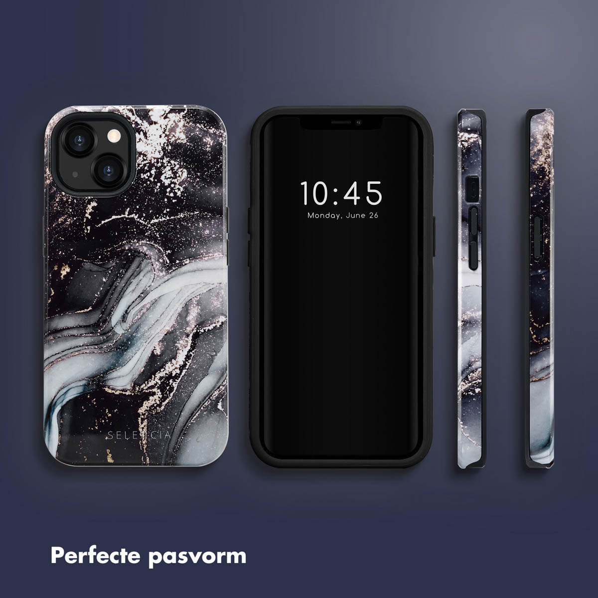 Téléphone avec étui à motif marbré, téléphone noir avec affichage de l'heure et vues latérales.