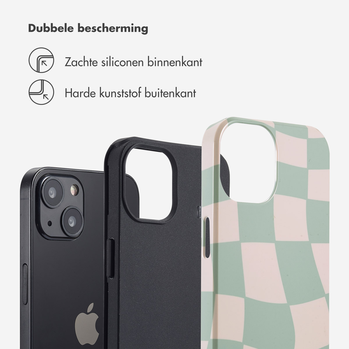 Coque de téléphone à motif carreaux verts et blancs. Le téléphone et l'étui sont sur la surface.