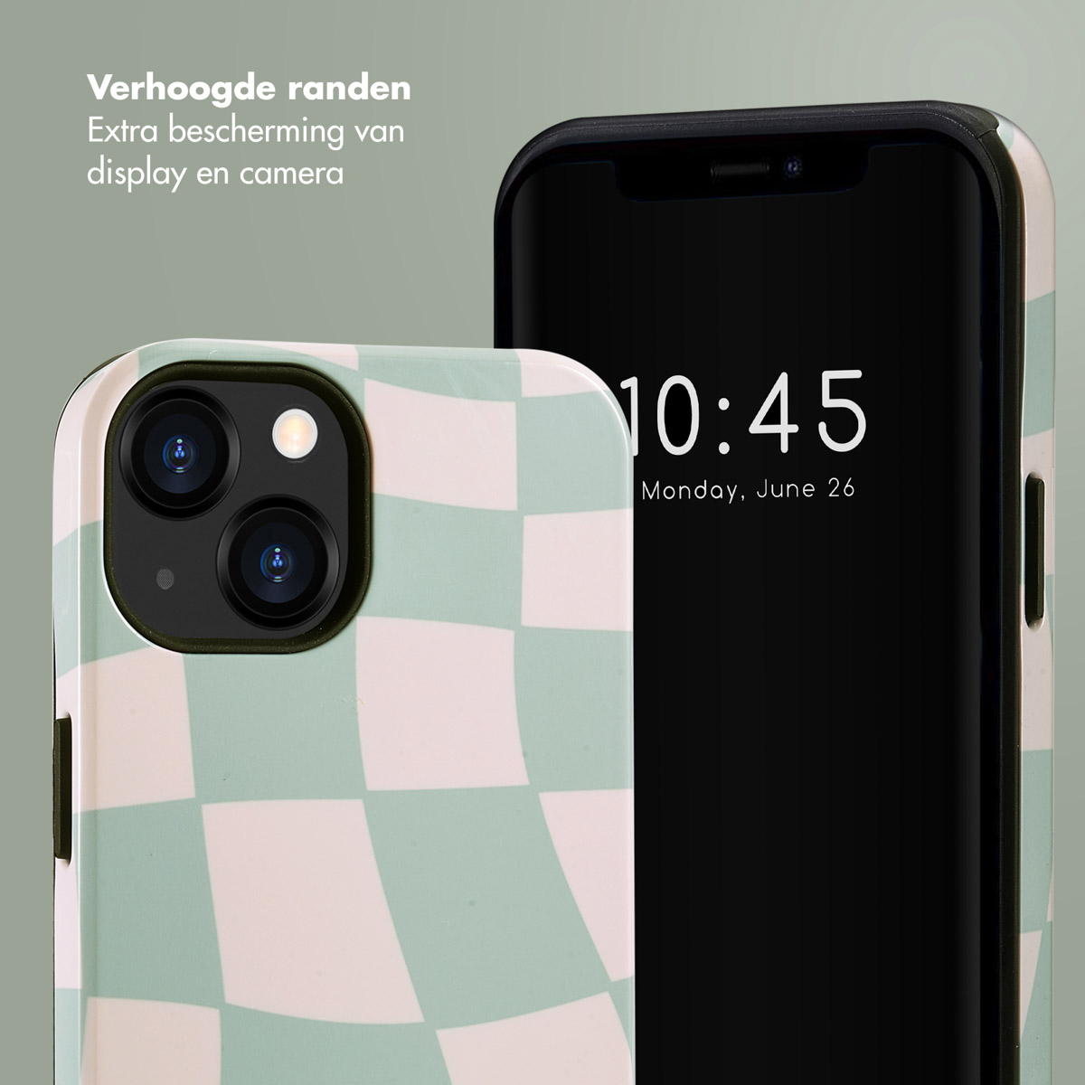 Téléphone avec coque à carreaux verts et blancs, heure 10h45, lundi 26 juin. Fond vert.