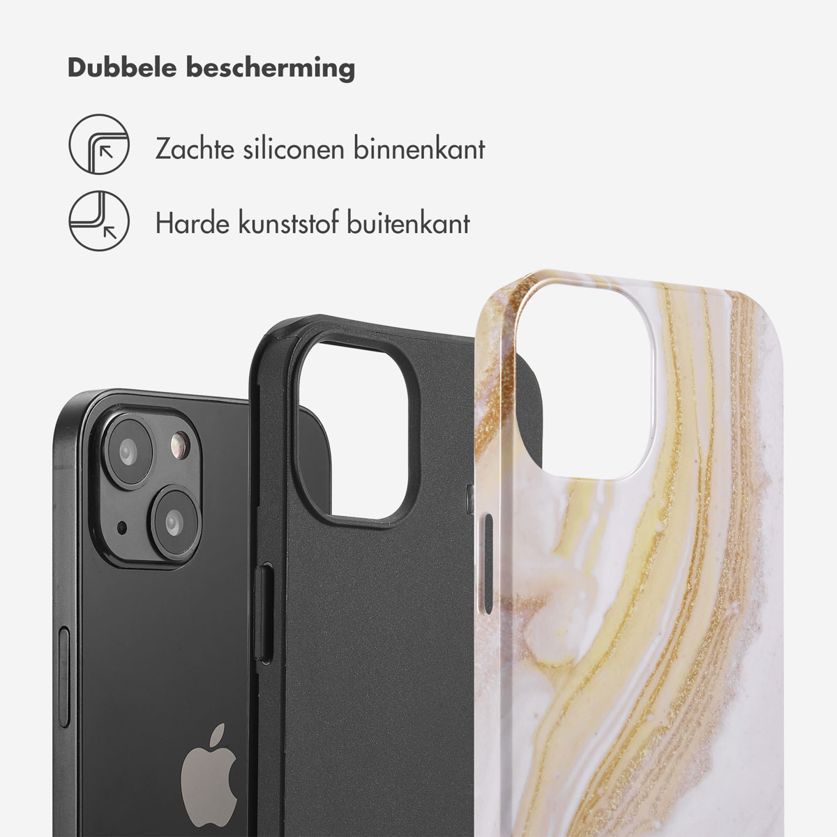Coque de téléphone avec un design marbre doré et blanc. Le téléphone et la coque sont sur la surface.