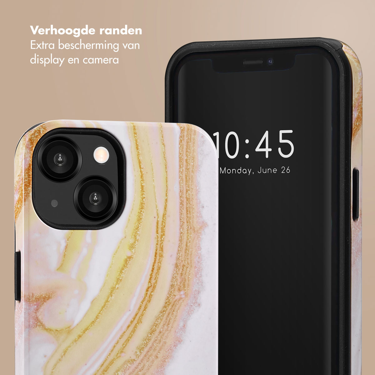 Téléphone avec étui à tourbillon jaune, heure 10h45, date 26 juin. Le fond est blanc cassé.