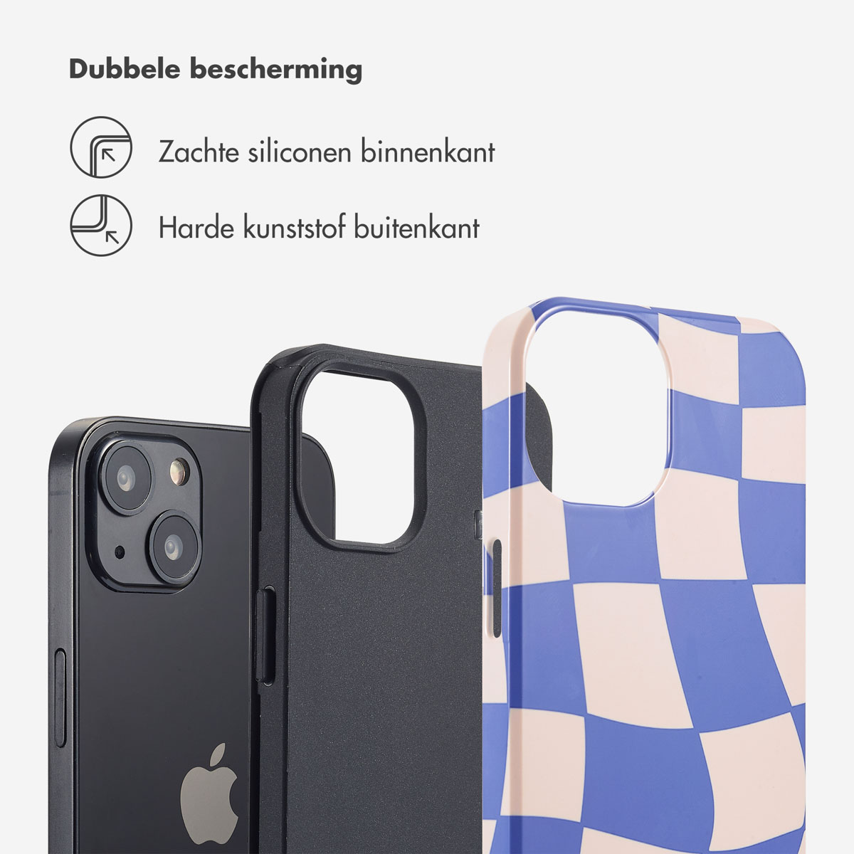 Handyhülle mit blau-weißem Schachbrettmuster mit Telefon und anderen Hüllen. Text über Schutz ist vorhanden.