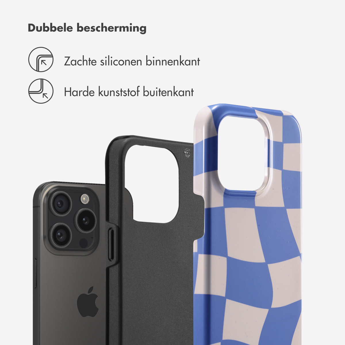 Telefon und Handyhüllen. Blau-weiß karierte Hülle. Text über Schutz ist vorhanden.