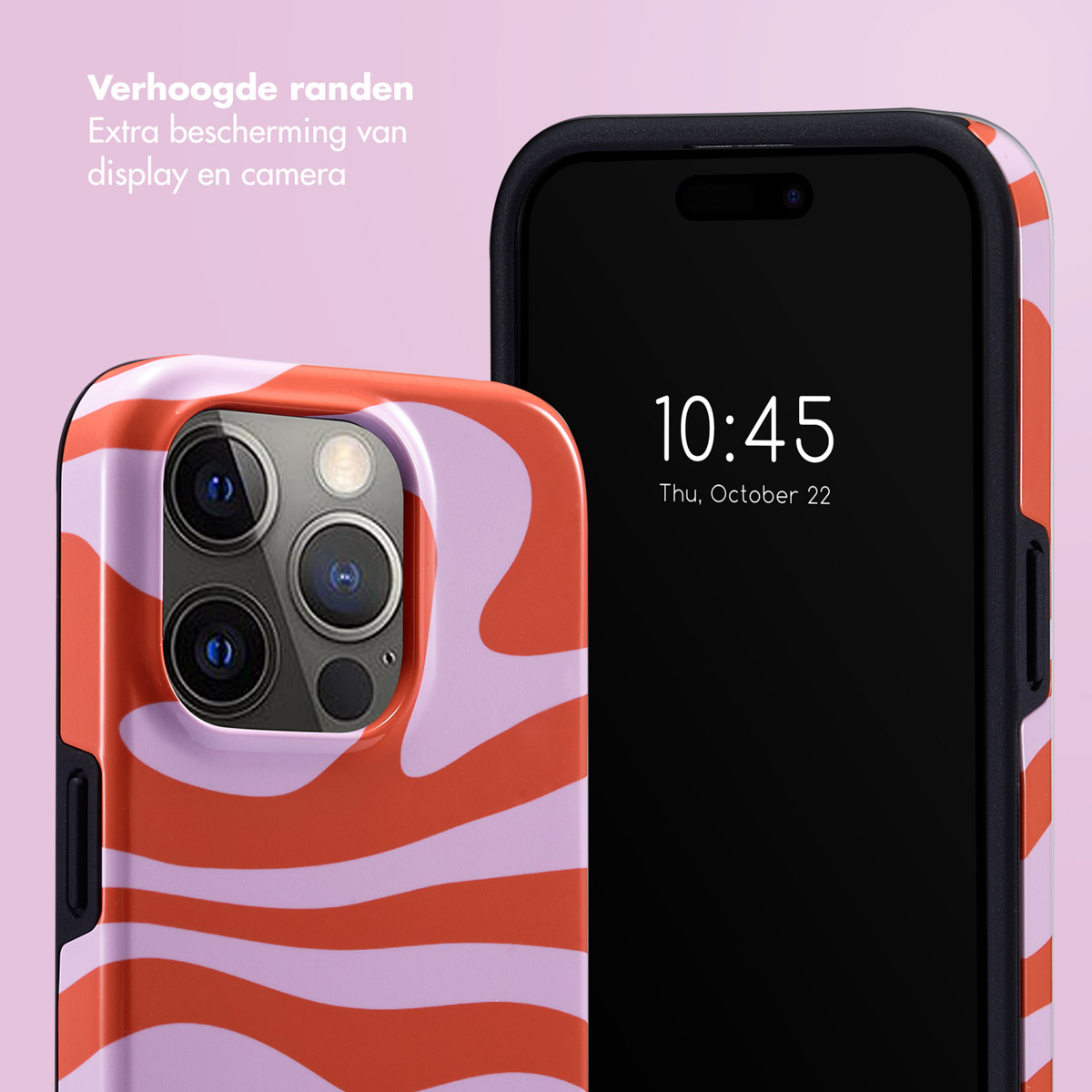 Telefoon met oranje en roze golvende hoes. Scherm toont 10:45, donderdag 22 oktober.