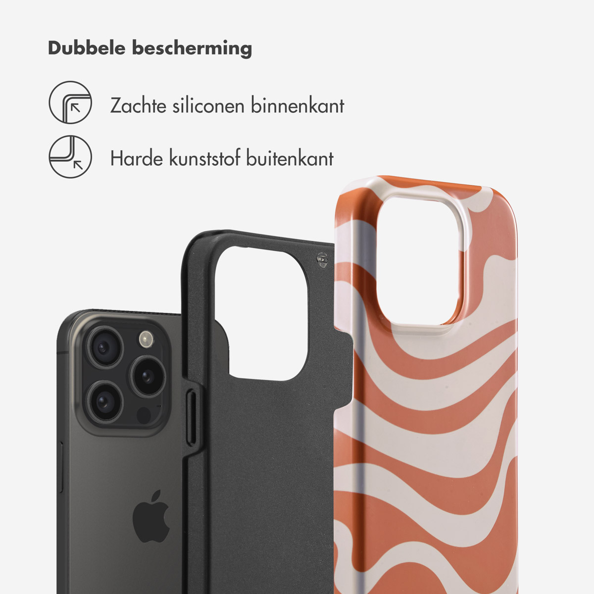 Telefoonhoesje met oranje en wit golfdesign, met telefoon op witte achtergrond.