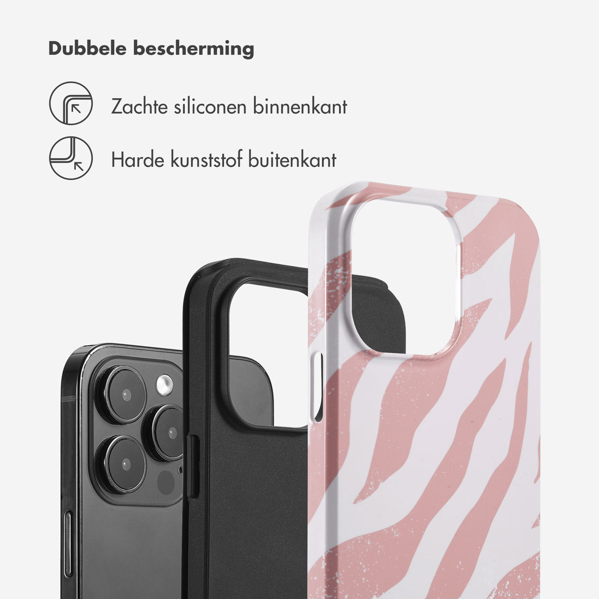 Roze zebra telefoonhoes, zwarte telefoon en zwarte hoes op witte achtergrond.