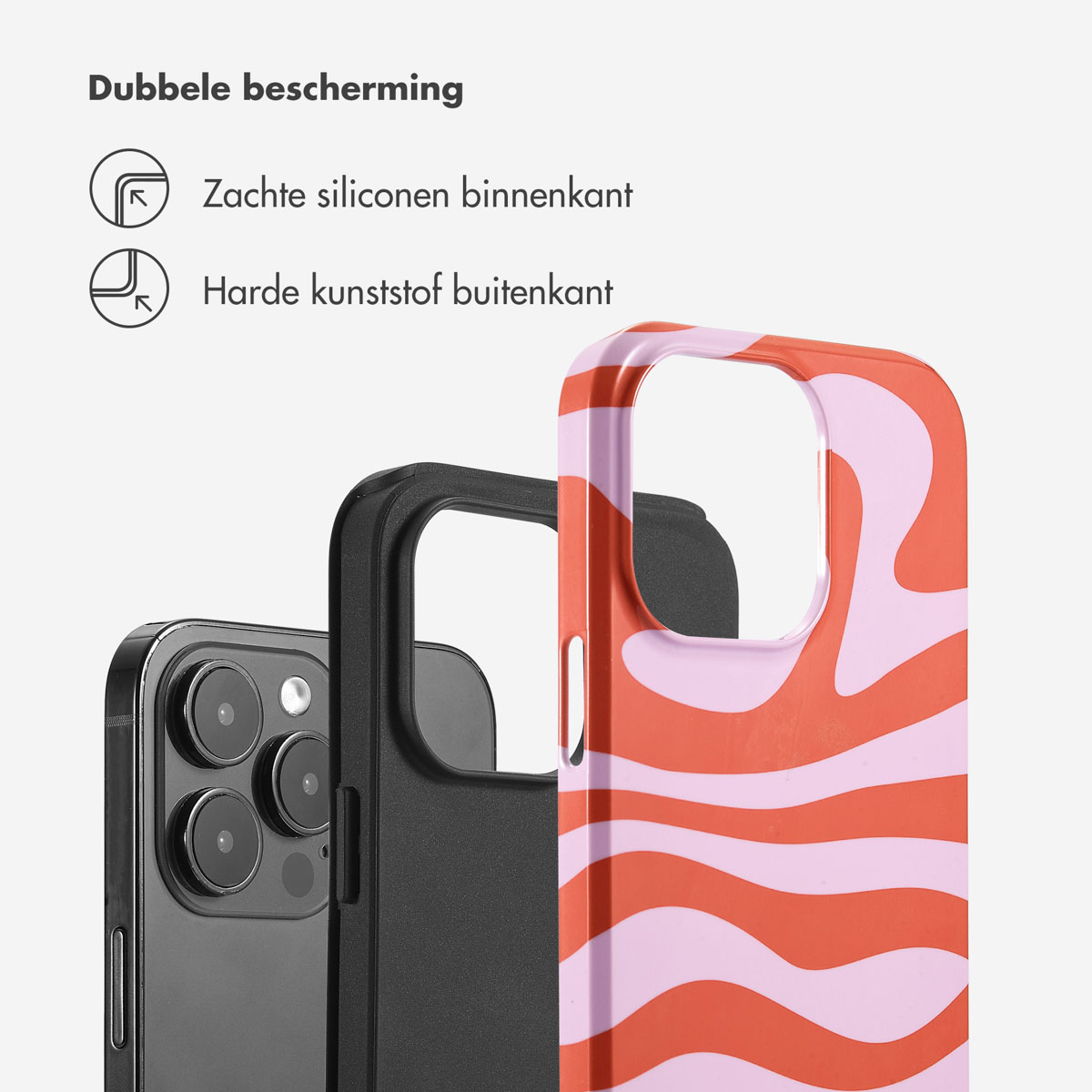 Die Handyhülle ist rot mit rosa Streifen. Sie besteht aus weichem Silikon innen und hartem Kunststoff außen.