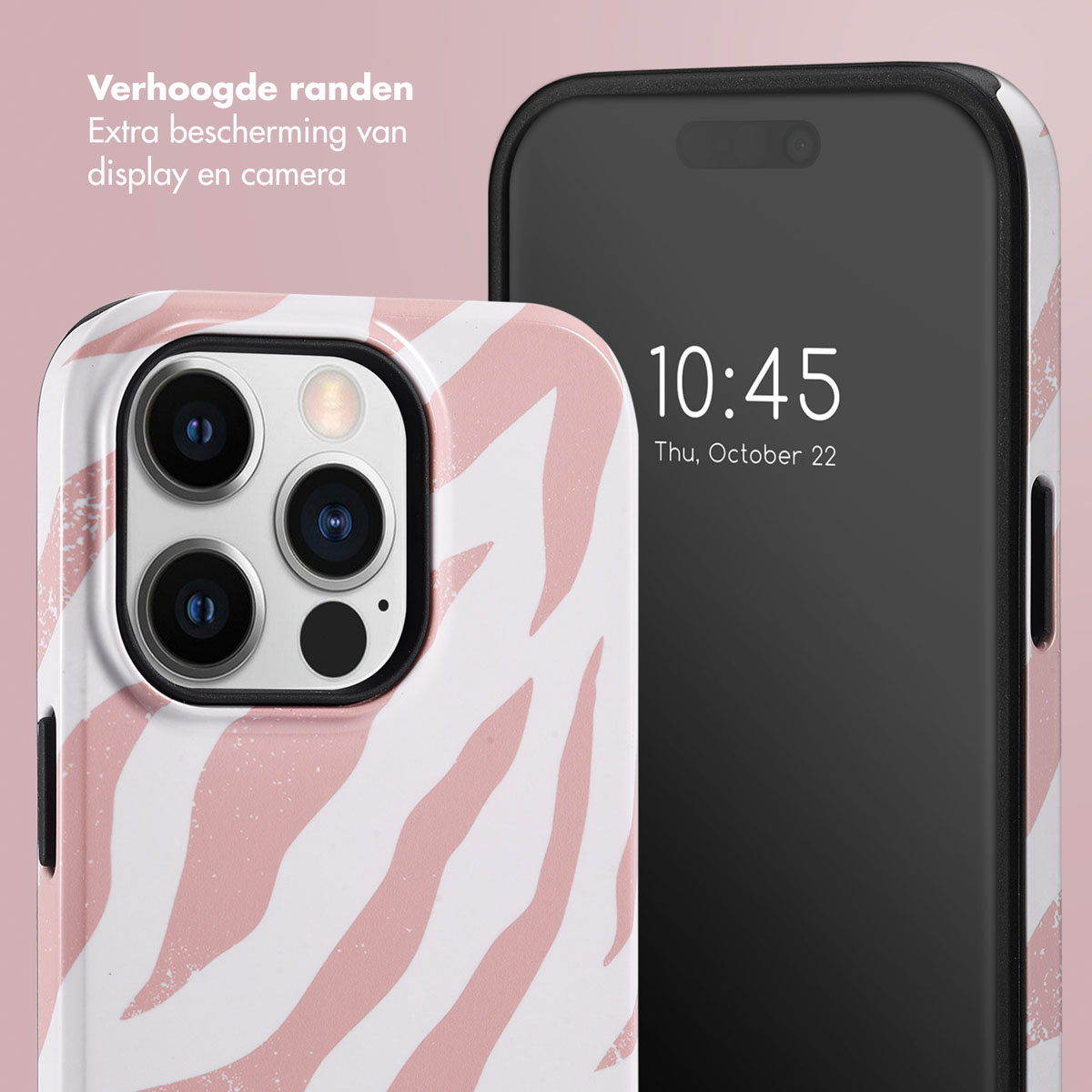 Coque blanche avec rayures zébrées roses, téléphone avec l'heure: 10:45, 22 octobre.