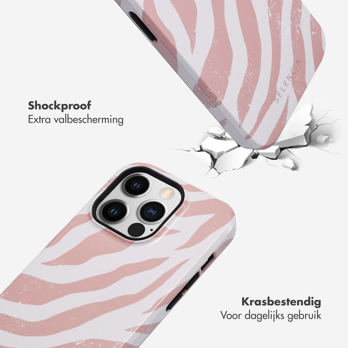 Coque de téléphone à rayures zébrées roses et un téléphone qui tombe, brisant le sol.