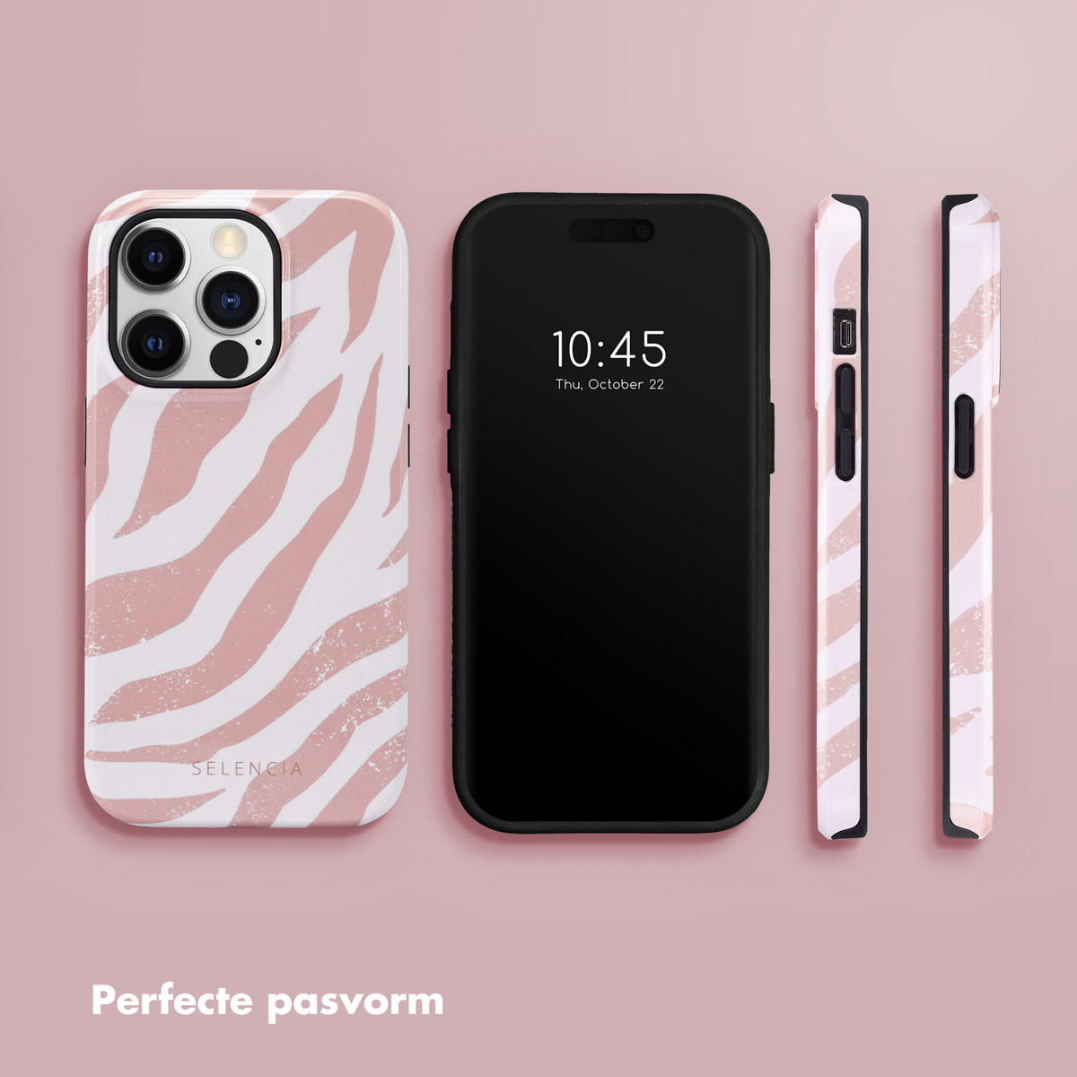 Coque de téléphone avec un motif zébré rose. Téléphone et écran de téléphone affichant l'heure et la date.