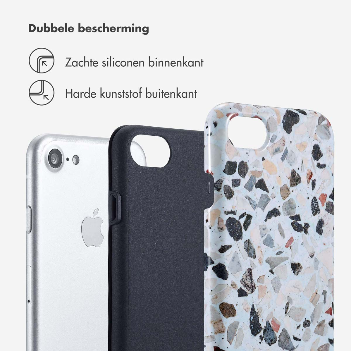 Drie telefoonhoesjes: zilveren telefoon, zwarte hoes en een hoesje met kleurrijk steenpatroon.