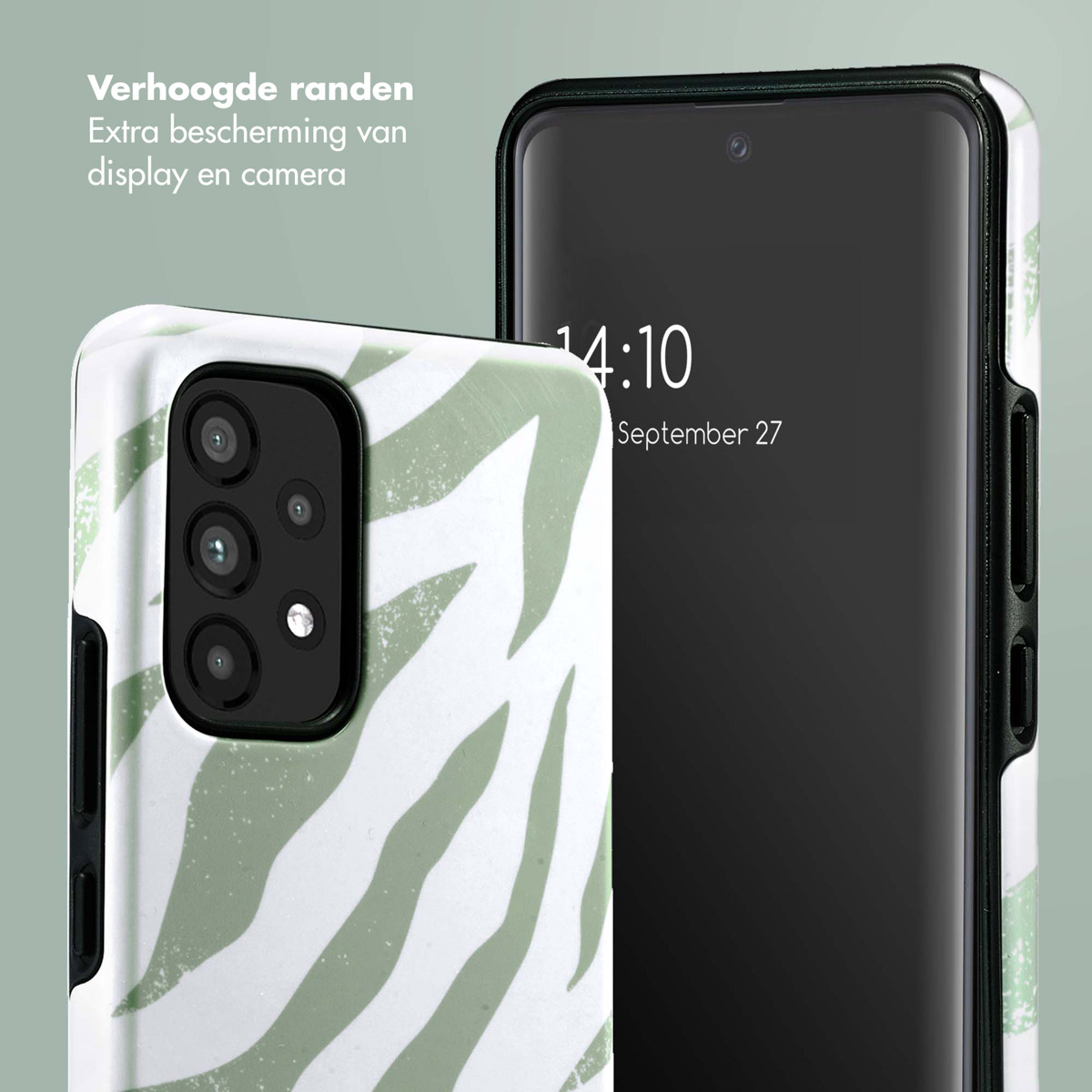Coque de téléphone à motif zébré vert, à côté d'un téléphone à écran noir. L'heure est 4h10.