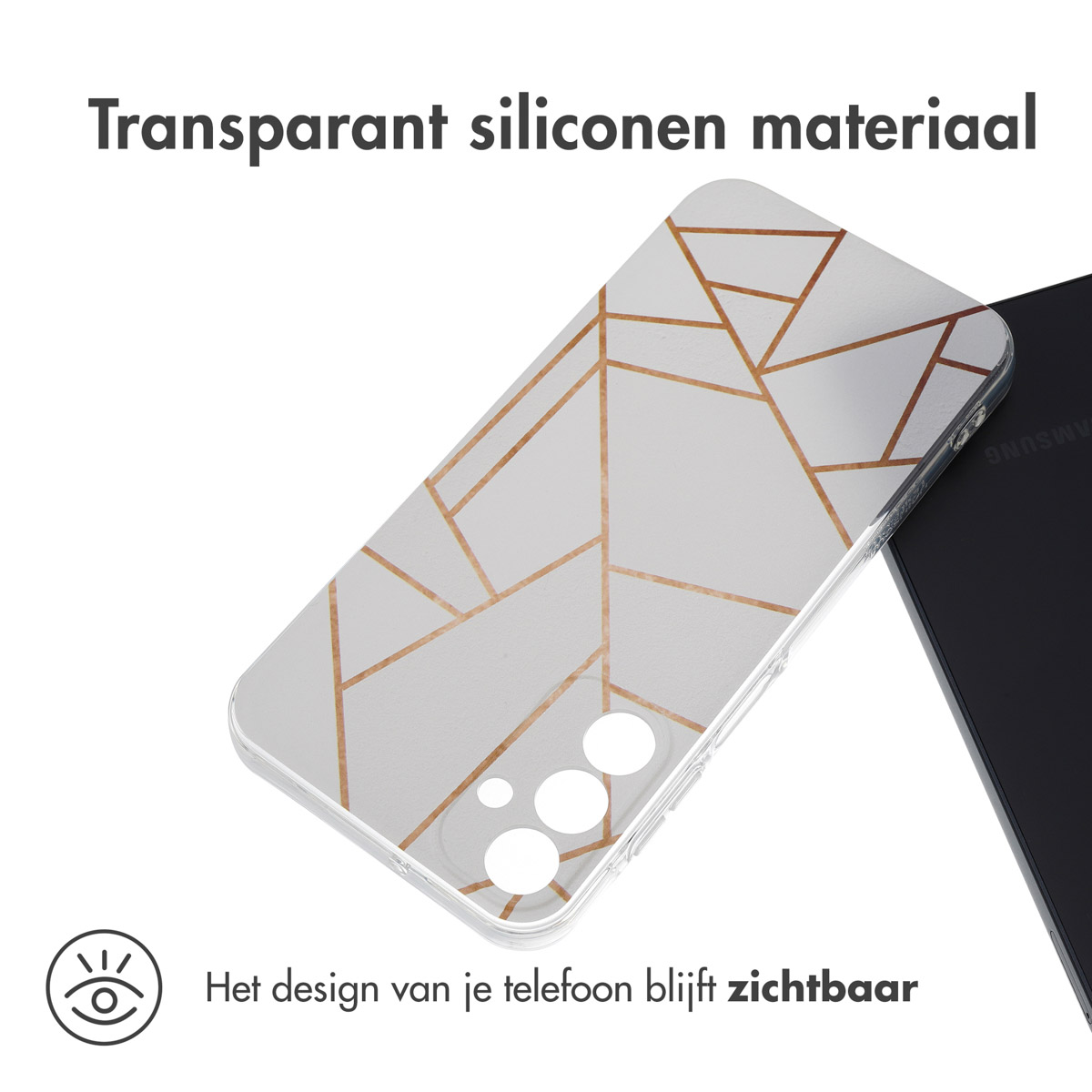 Transparante telefoonhoes met gouden geometrisch ontwerp op witte achtergrond, zwarte telefoon erin.