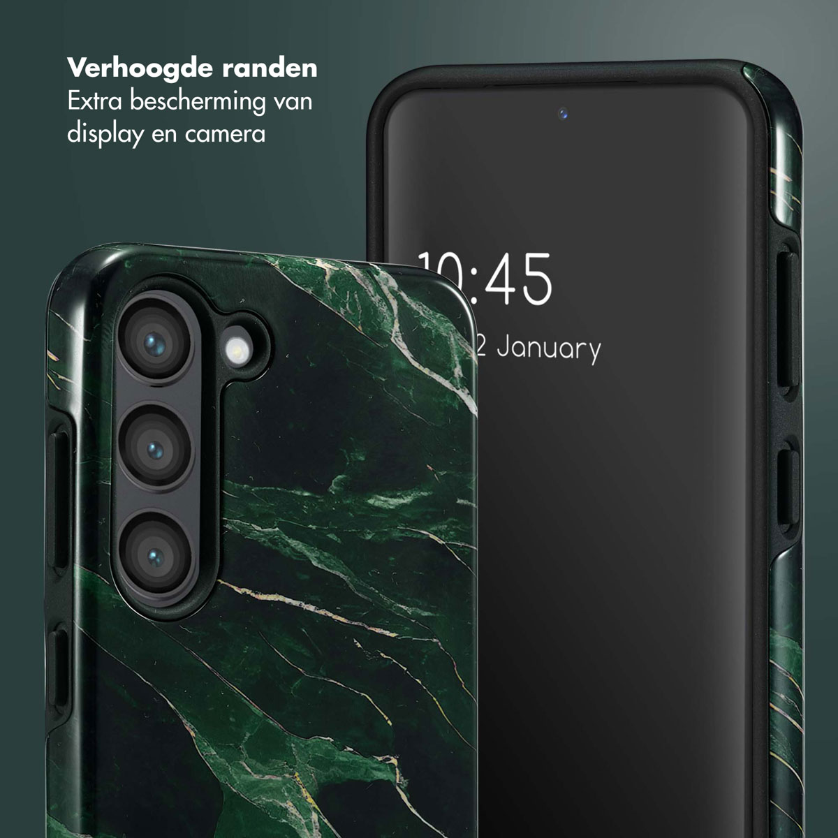 Coque de téléphone à motif marbre vert, à côté d'un téléphone à écran noir. L'heure est 10h45.