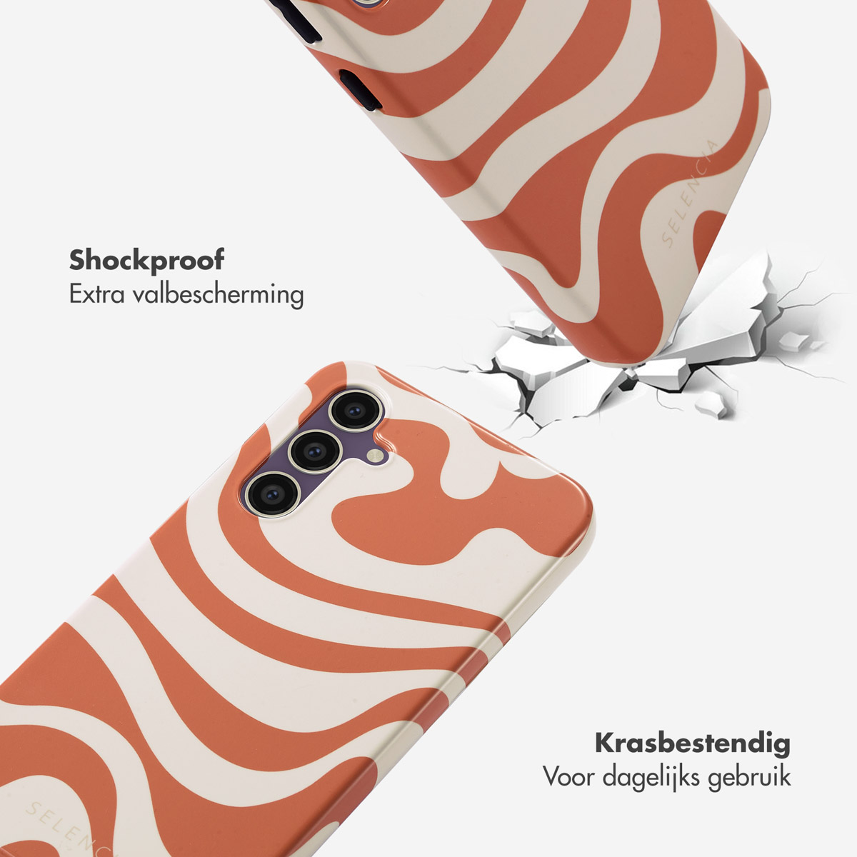Telefoonhoesjes vallen, oranje-wit wervelontwerp, gebarsten grond. Teksten: Schokbestendig, Krasbestendig.