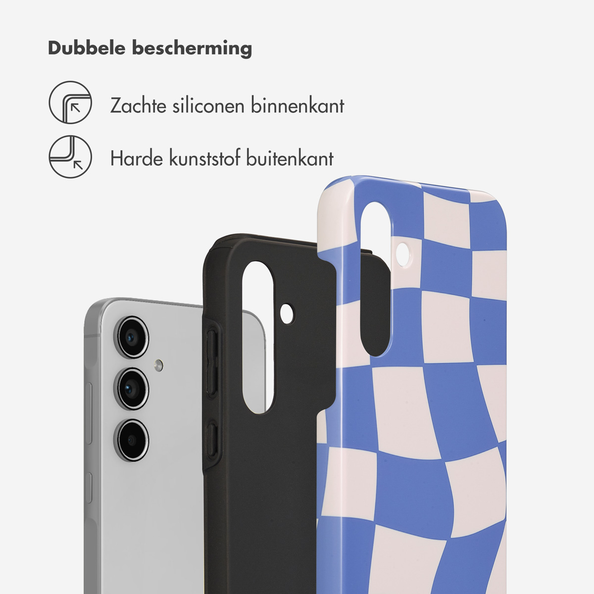 Drie telefoonhoesjes: wit met blauwe ruitjes, zwart en zilver. Tekst beschrijft de kenmerken.