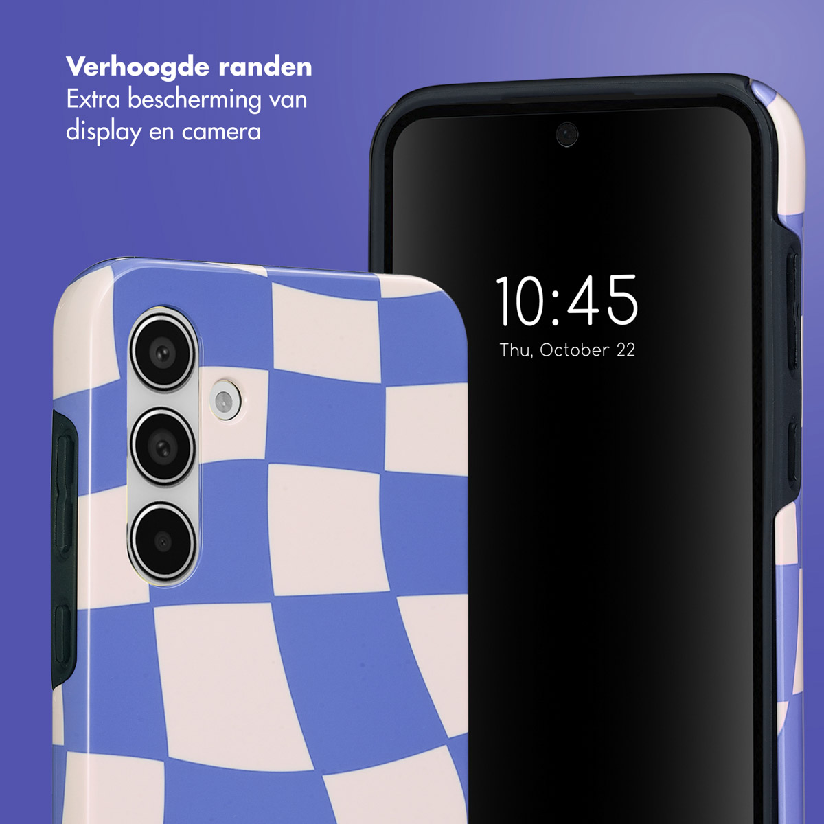 Blauw-wit geruite telefoonhoes, telefoon met tijd: 10:45, 22 oktober.