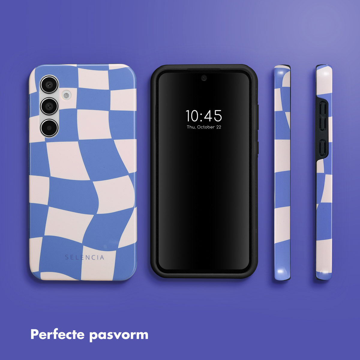 Telefoonhoesje met blauw en wit geruit patroon met een telefoon in het midden. Zijkant en achterkant getoond.