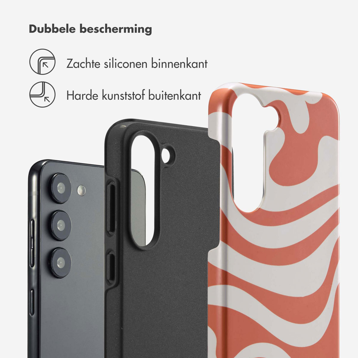 Coque de téléphone à vagues orange et blanche, coque de téléphone noire et téléphone noir sur fond blanc.