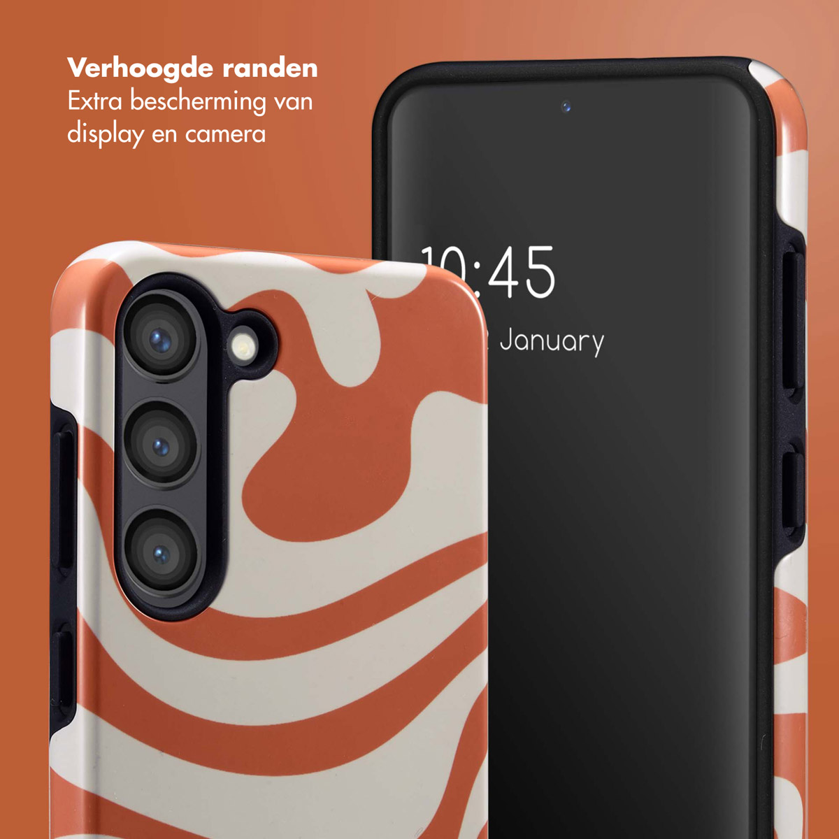 Coque de téléphone ondulée orange et blanche avec un téléphone affichant l'heure. L'étui a un design de vague abstrait.
