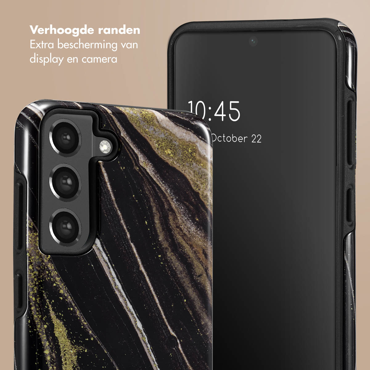 Telefono in una custodia in stile marmo. Accanto c'è un telefono nero. Il testo dice: protezione extra per display e fotocamera.