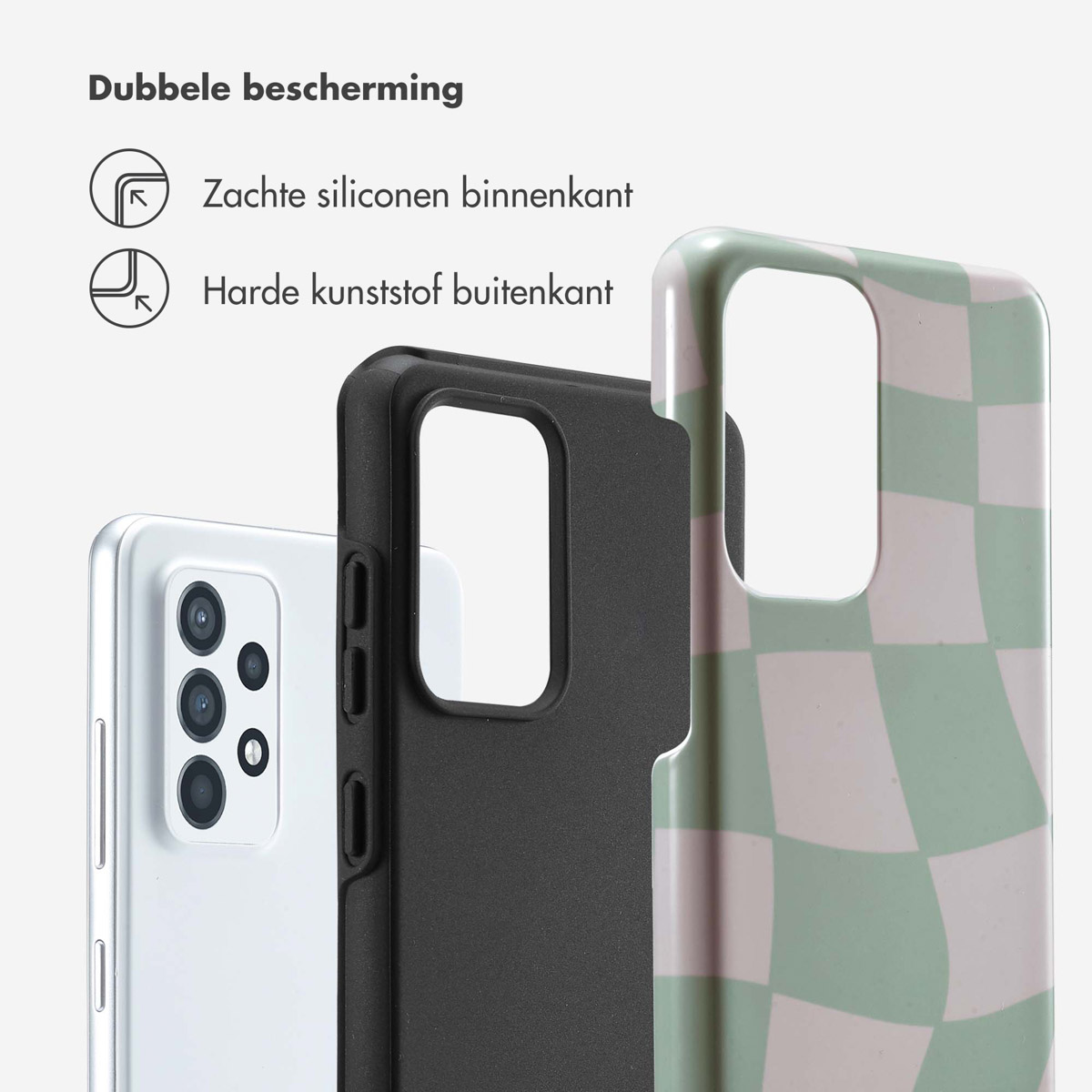 Telefoonhoesje met een groen en wit ruitpatroon. Het heeft een zachte siliconen binnenkant en een harde plastic buitenkant.