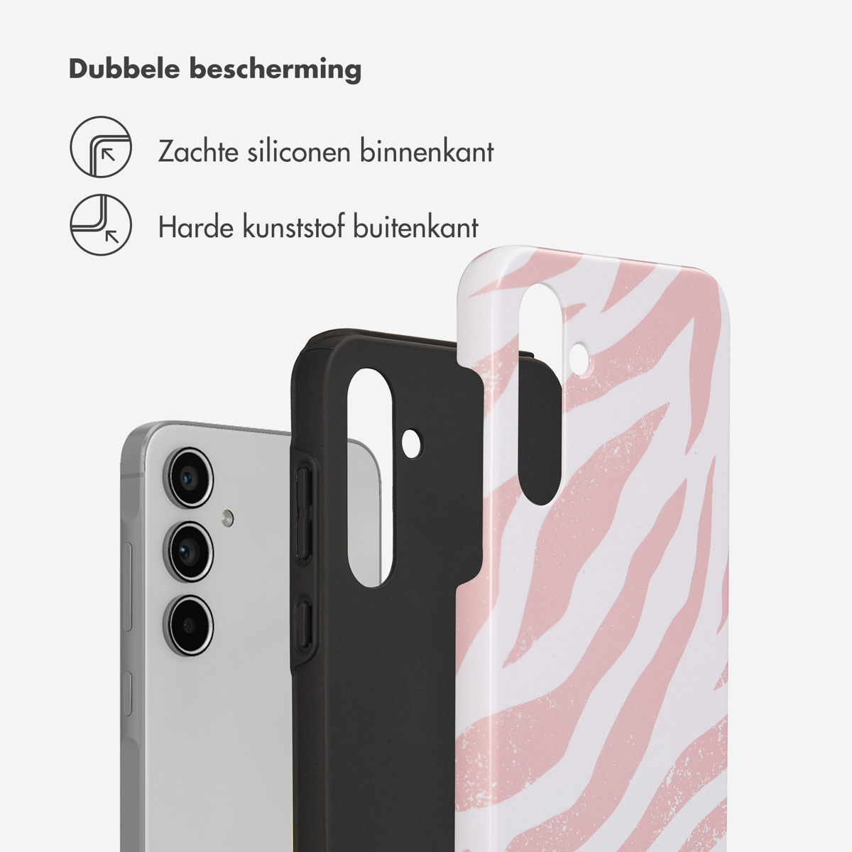 Drie telefoons met hoesjes. Eén heeft een zebraprint, één is zwart en één is alleen een telefoonhoesje.