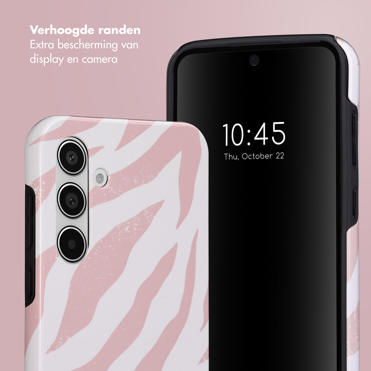 Een telefoonhoesje met een roze en witte zebraprint, met een telefoon die de tijd aangeeft.