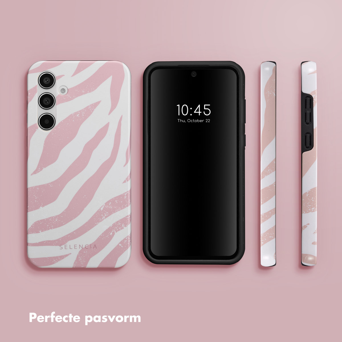 Roze en witte zebraprint telefoonhoes met een telefoon in het midden. Zijkant en achterkant van de hoes getoond.