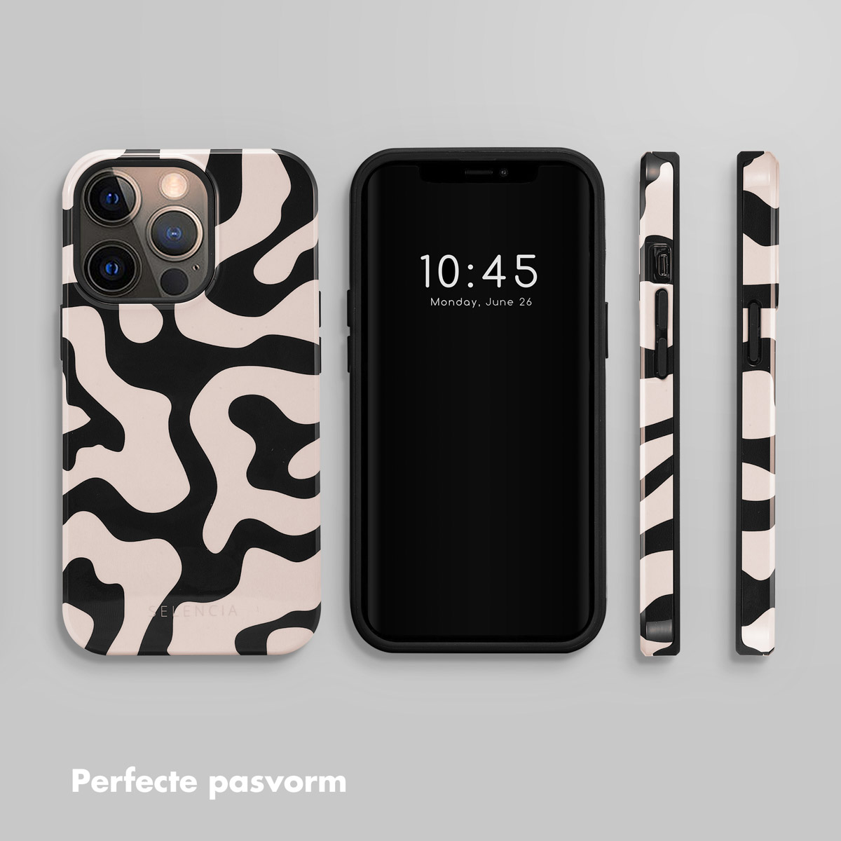 Téléphone avec coque abstraite noire et beige. L'heure affichée est 10h45, lundi 26 juin. Trois coques sont montrées.