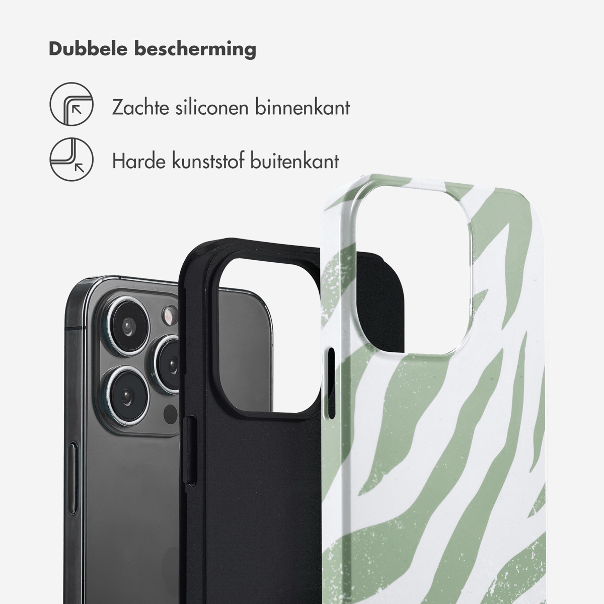 Groene zebra telefoonhoes, zwarte telefoon en zwarte hoes op witte achtergrond.