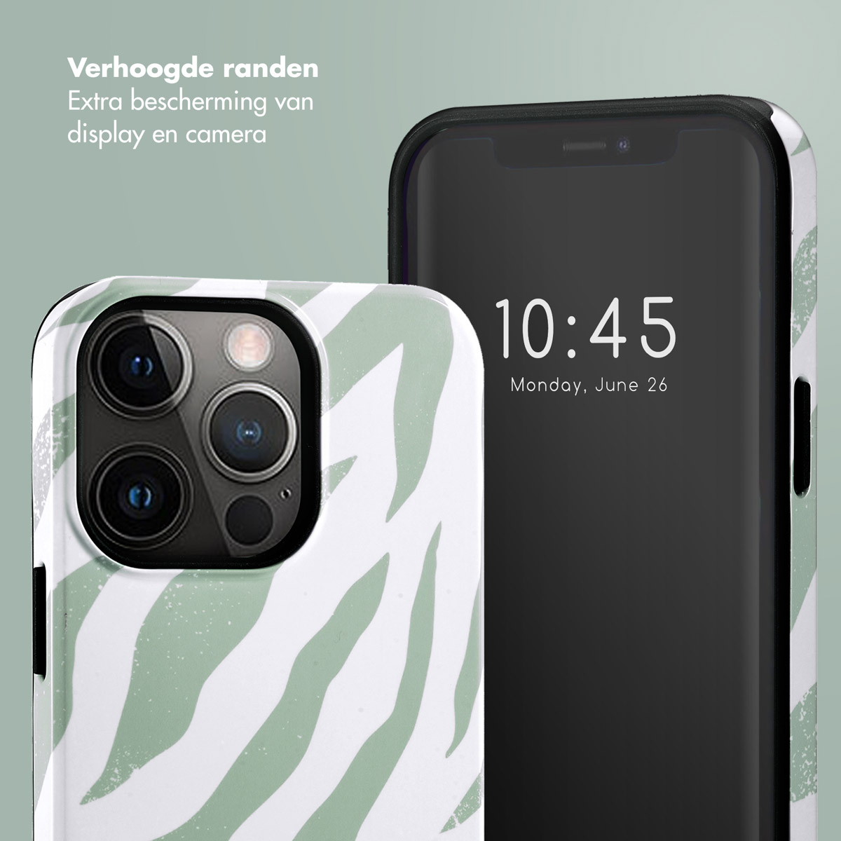 Witte telefoonhoes met groene zebra strepen, telefoon met tijd: 10:45, 26 juni.