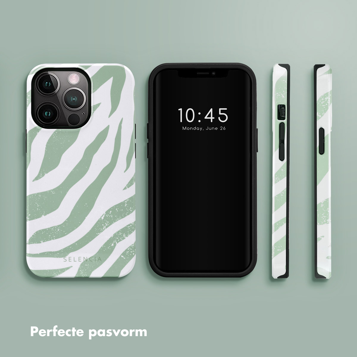 Zwarte telefoonhoes binnenkant met zwart-blauw zebrapatroon op de achtergrond.