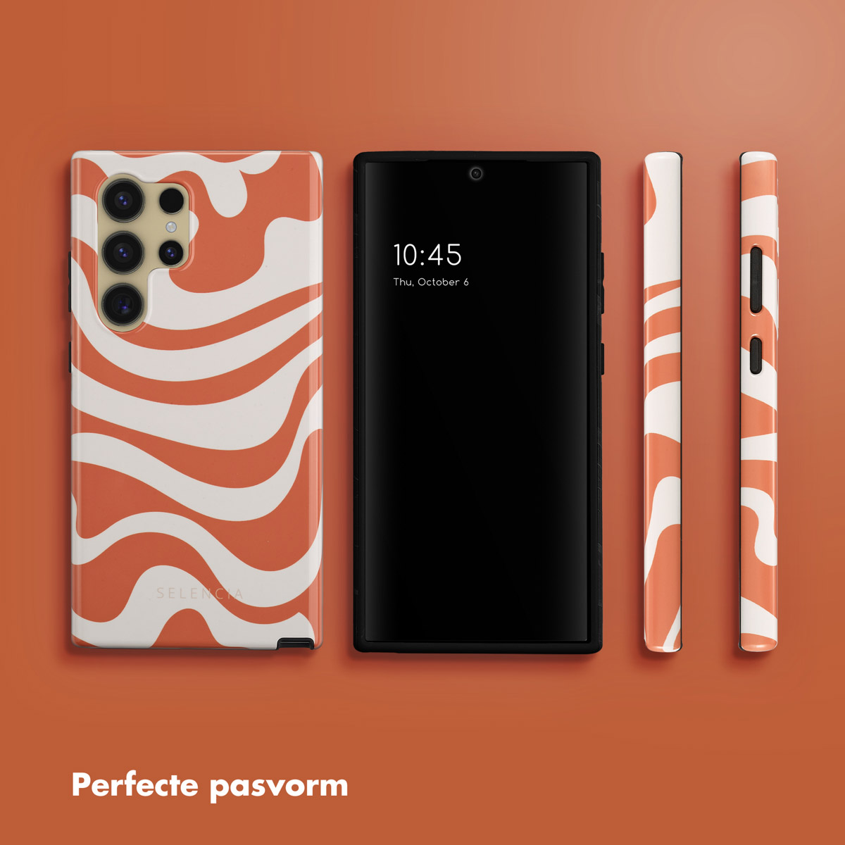 Telefoon met oranje en witte golvende hoes, zwart scherm met tijd en bijpassende zijkoffers, oranje achtergrond.