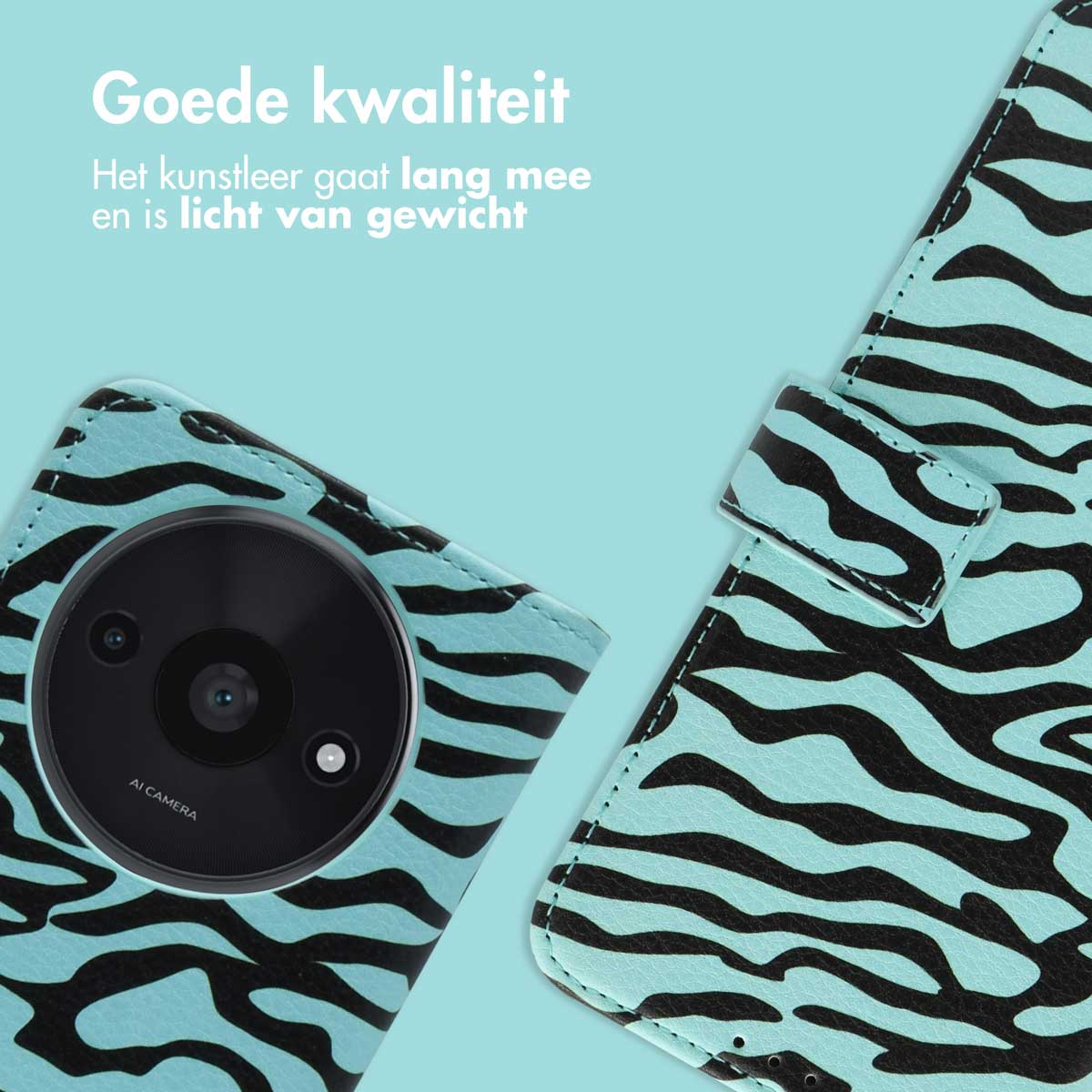 Telefoonhoesje met een blauwe en zwarte zebraprint. Het telefoonhoesje is open. De achterkant van de telefoon is zichtbaar.