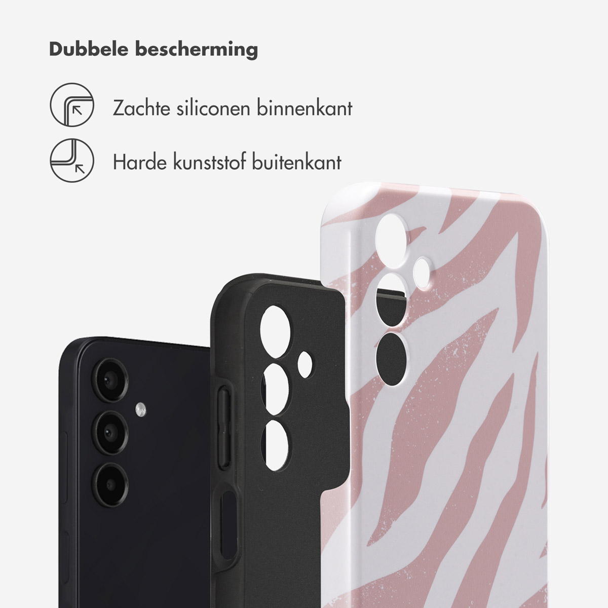 Telefoon, telefoonhoesje met groen en witte zebra strepen en zijaanzicht van de hoes.
