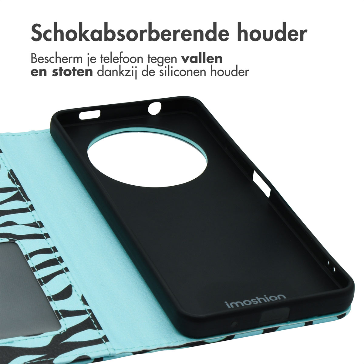 Telefoon en telefoonhoesje. De hoes is roze met zebra strepen. De telefoon is zwart.