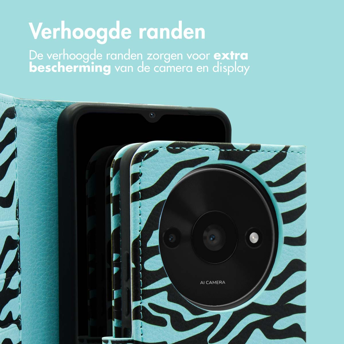 Telefoonhoesje met teal en zwarte zebraprint, telefoon erin met een teal achtergrond.