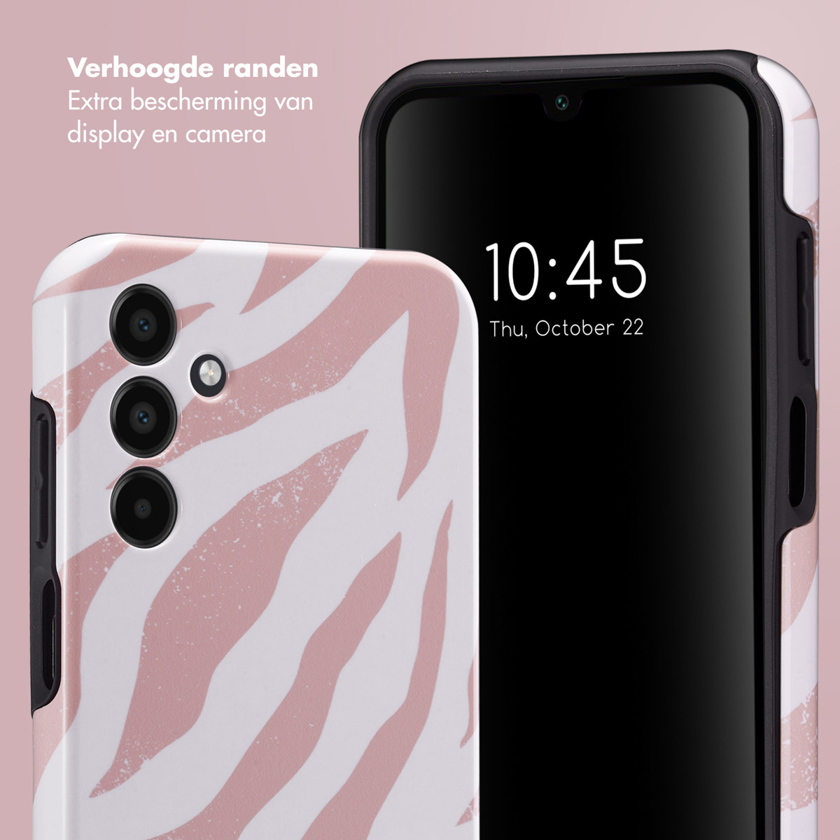Roze zebraprint telefoonhoes, telefoon met tijd: 10:45, 22 oktober. Zwarte omtrek.