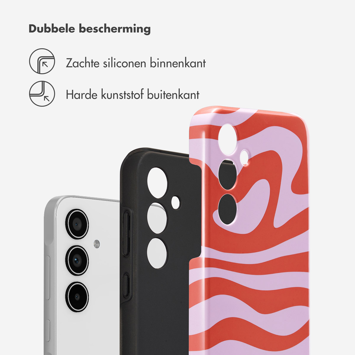 Gros plan sur des coques de téléphone. Des téléphones noirs, rouge-violet et noirs sont visibles. Le texte dit double protection.