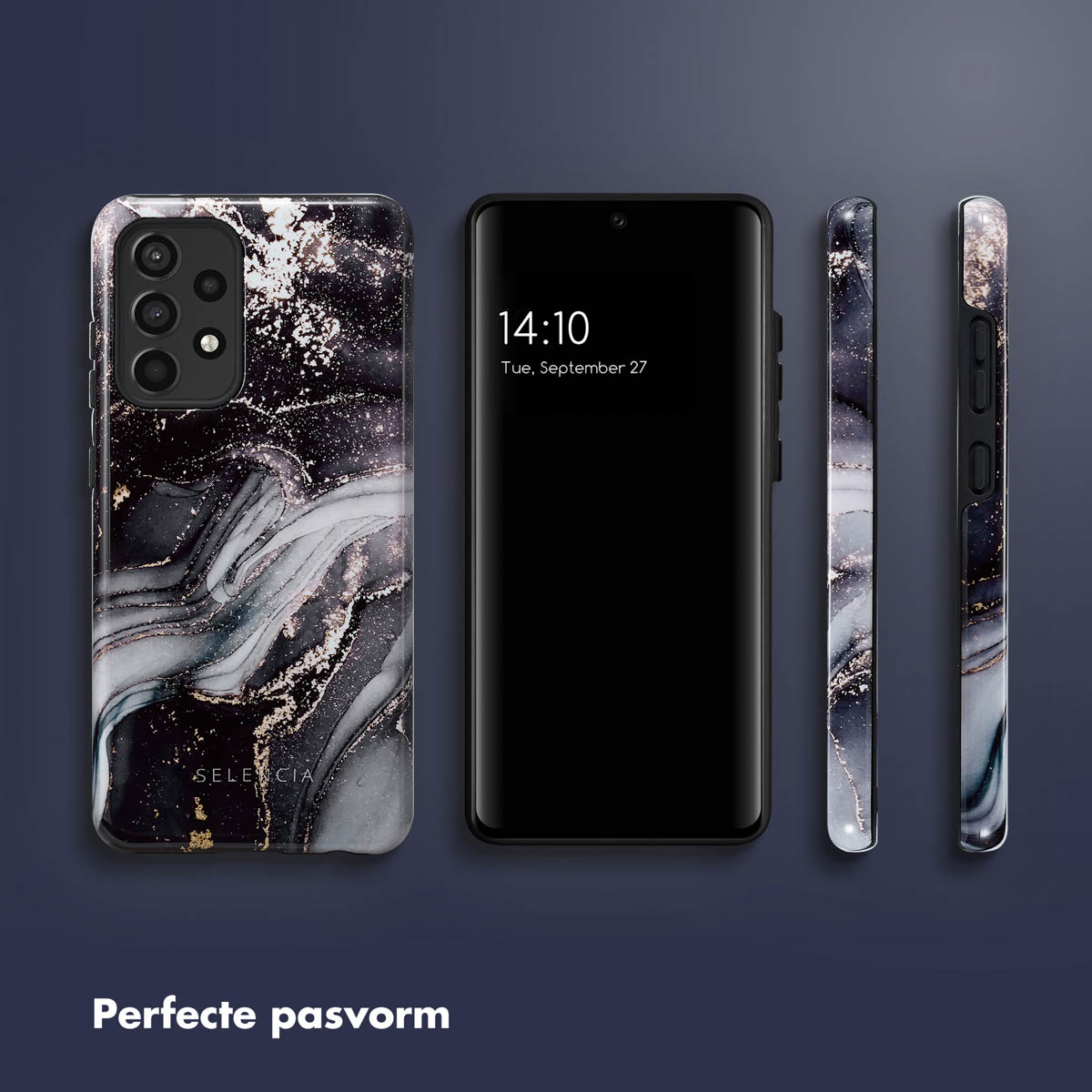 Marmeren telefoonhoesje, zwarte telefoon met tijd en zwarte hoes op donkerblauwe achtergrond.