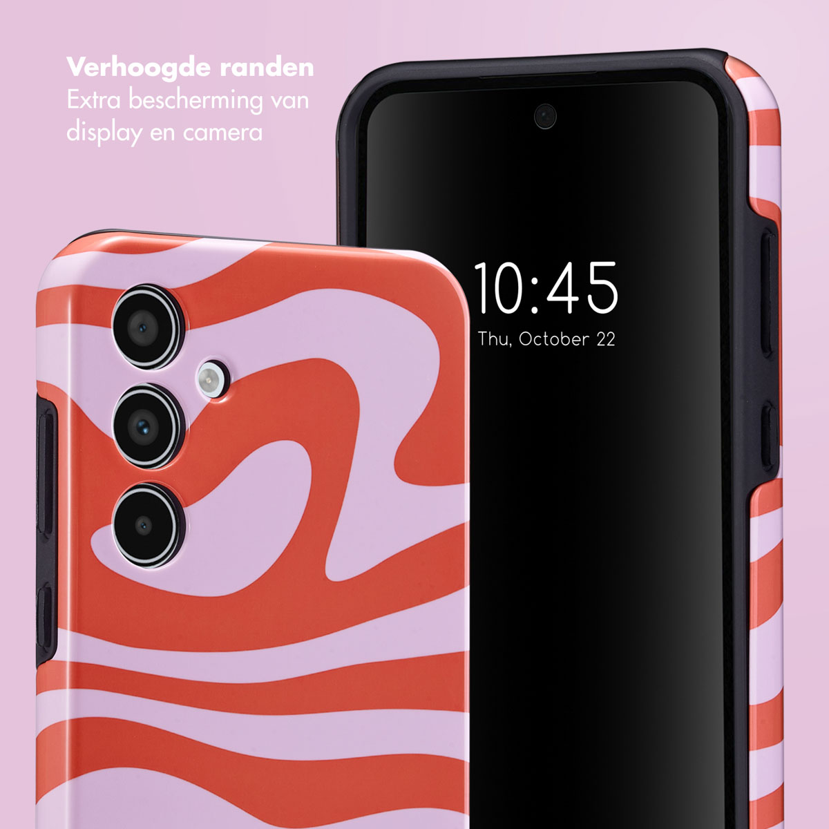 Coque rouge et rose ondulée et téléphone noir. Heure : 10h45. Date : Jeu. 22 octobre.