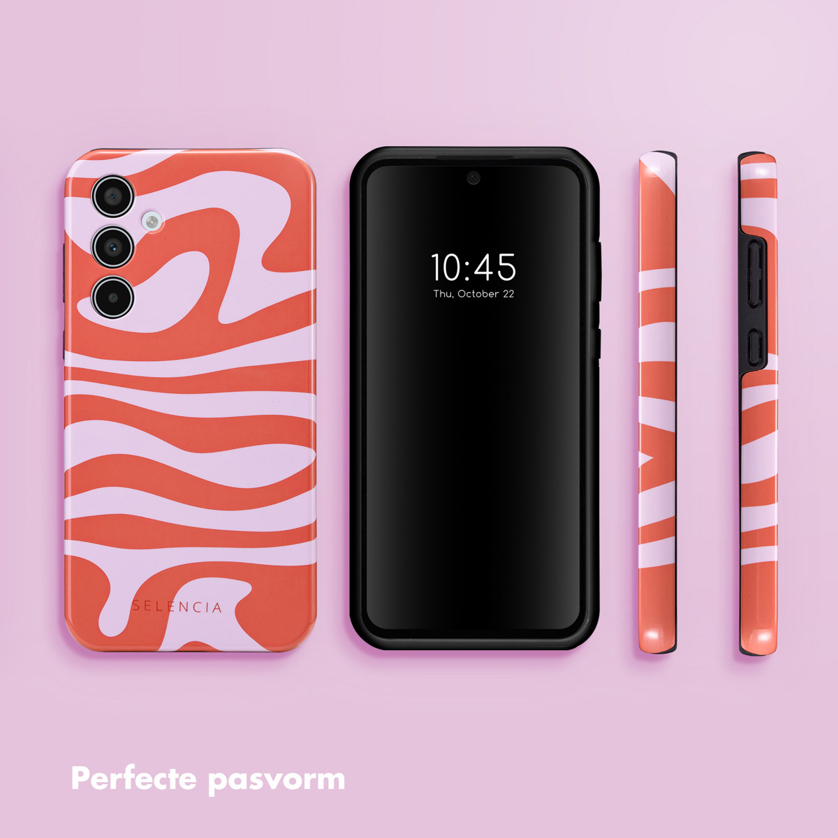 Coques de téléphone avec un motif ondulé orange et rose. Le téléphone noir affiche 10h45, 22 octobre.