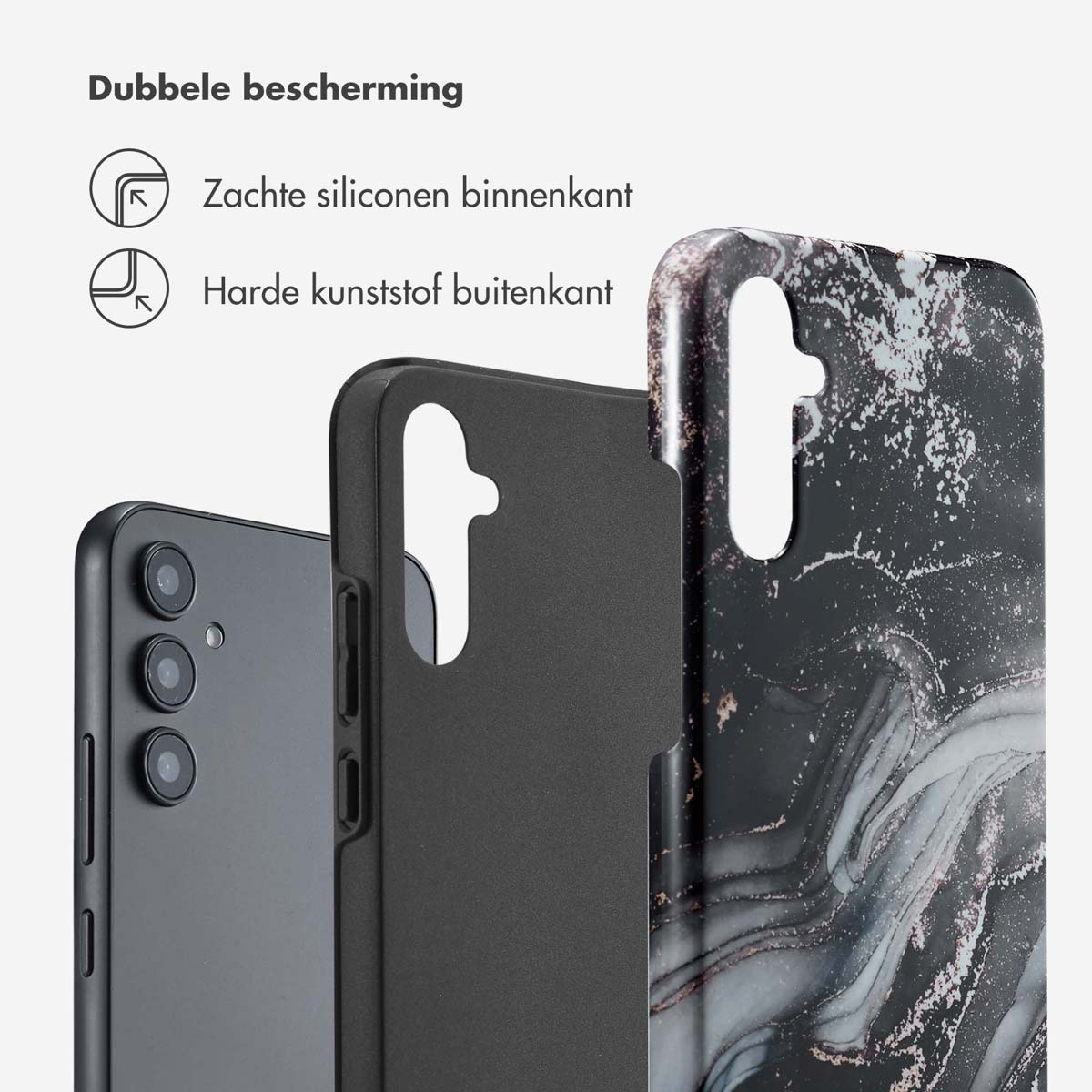 Telefono e custodia del telefono. La custodia è in marmo verde. Il telefono mostra data e ora.