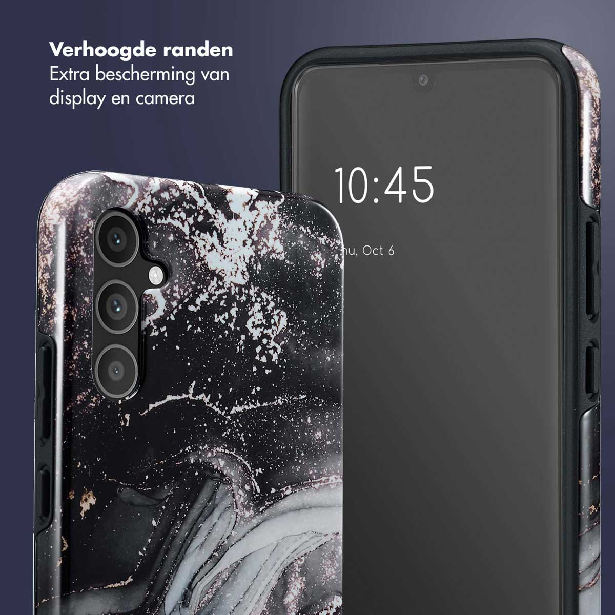 Telefono con custodia a fantasia marmorizzata e un telefono nero con display dell'ora.