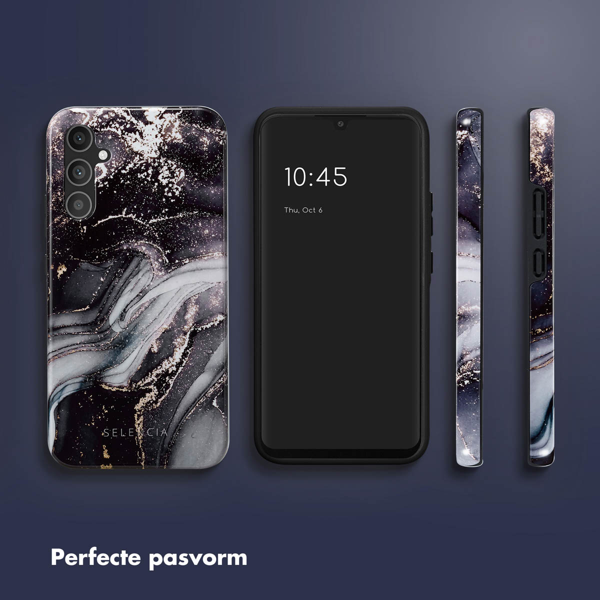 Tre telefoni. Uno con custodia con design a marmo e due con custodia nera. L'ora visualizzata è 10:45.