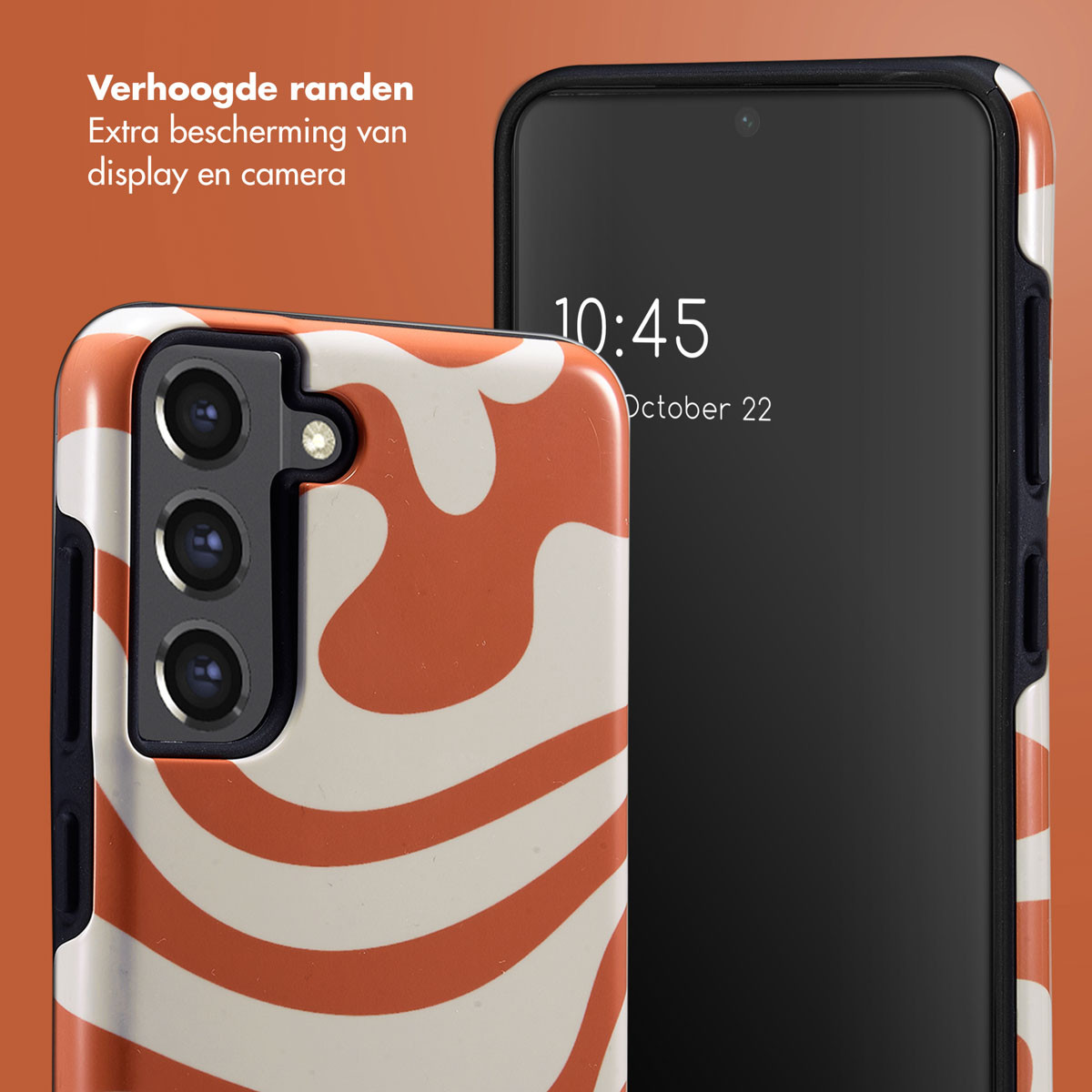 Custodia per telefono con un design a spirale bianco e arancione. Il telefono a destra mostra l'ora. La custodia ha bordi rialzati.