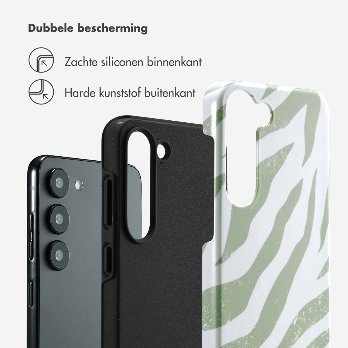 Trois coques de téléphone : argentée, noire et imprimé zèbre vert. Le texte décrit les caractéristiques.